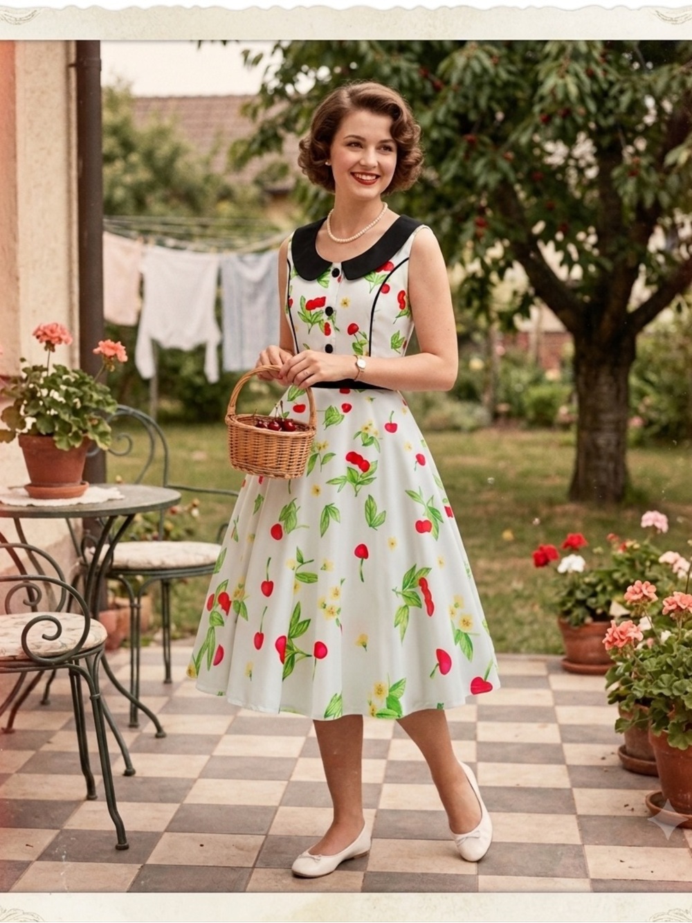 1950S CHERRY BUTTONED SLEEVELESS DRESS